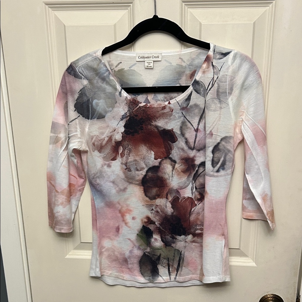 Coldwater Creek Women's Long Sleeve Floral Top - Pink and White